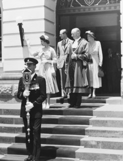 The royal couple leave Nairobi City Hall. The Mayor and Mayoress of Nairobi accompany Princess