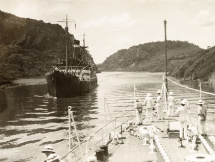 Culebra Cut section of the Panama Canal. HMS Dauntless of the Royal Navy's South American Division