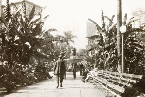 Pershing Square, Los Angeles. View along a tree-lined avenue leading to a decorative water fountain