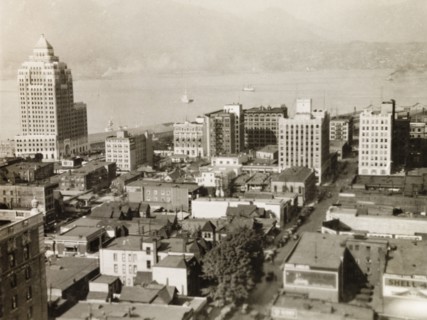 Vancouver, Canada. View over the rooftops of Vancouver to False Creek, where the British Royal