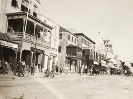 Front Street, Bermuda. View of the Bank of Bermuda Ltd. building on a row of shops on Front Street,