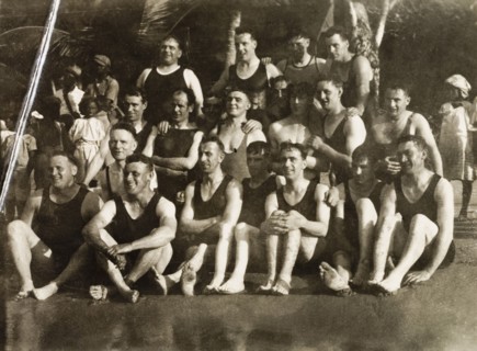 European bathers at Man-O-War Bay. A group of European bathers pose for a portrait in their