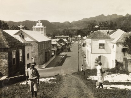 Kingstown, St Vincent. View down an colonial street in Kingstown towards the central mountain range