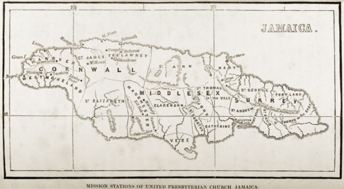 Map of mission stations in Jamaica, 1850. A woodcut illustration taken from Reverend George
