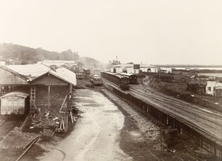 Passenger train departing from Port of Spain. A passenger train departs from Port of Spain railway