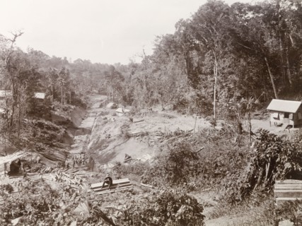 Railway track under construction in Caparo Valley. View over the construction of railway track 'No.