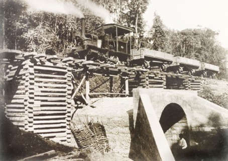 Locomotive travelling across culvert 'No. 35' . A steam locomotive travels across culvert 'No. 35'