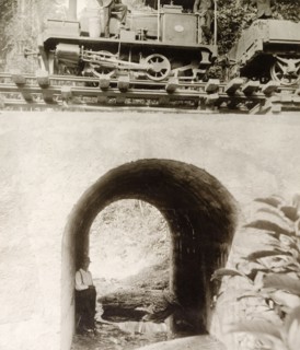 Locomotive travelling across culvert 'No. 35' . A steam locomotive travels across culvert 'No. 35'