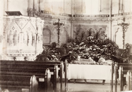 Harvest Festival, Calcutta. The alter of a church laid out with fruit and vegetables for the