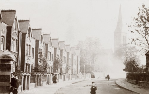 Lodge Road, West Croydon. View past a row of houses on Lodge Road in West Croydon, to the tall