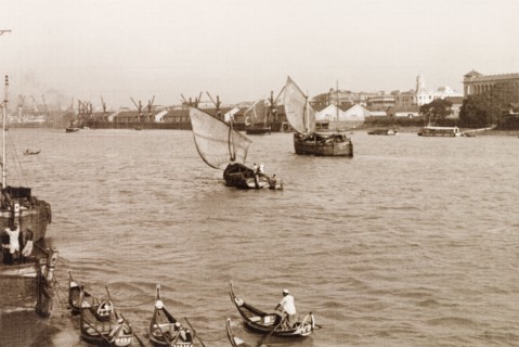 Rangoon docks. View across the Irrawaddy River to the docks at Rangoon. Rangoon, Burma (Yangon,