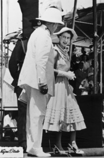 Queen Elizabeth II in Aden. Queen Elizabeth II chats with a uniformed dignitary, possibly the