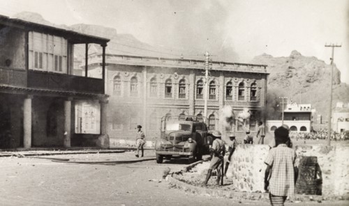 Arab riots in Aden, 1947. Smoke fills the air in the Jewish quarter of Aden, during Arab riots that