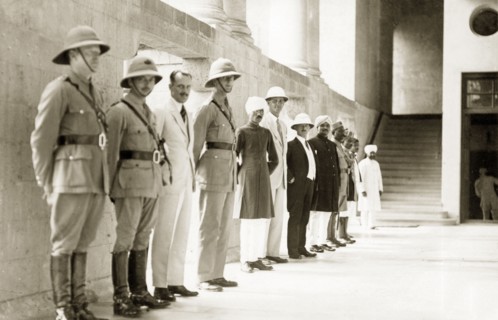 Line up of military personnel and dignitaries, India. Officers of the West Yorkshire Regiment (The