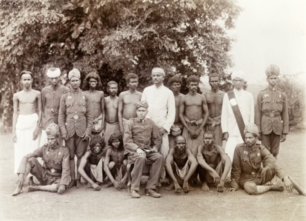 Indian Forest Officers, beaters and trackers. Group portrait of the Indian Forest Officers, beaters
