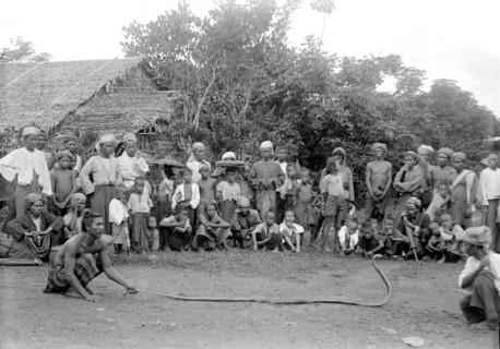 Snake charmer's performance. Two street performers entertain a crowd of onlookers with a snake