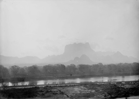 The Salween River, Burma. View across the Salween River to the misty outline of the hills beyond.
