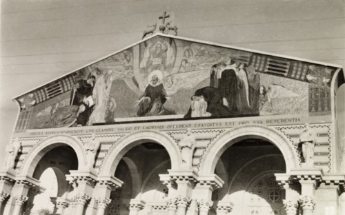 Church of All Nations, Jerusalem. View of a mural depicting Jesus Christ on the facade of the