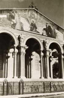 facade of the Church of All Nations. View of the muraled facade of the Church of All Nations, a