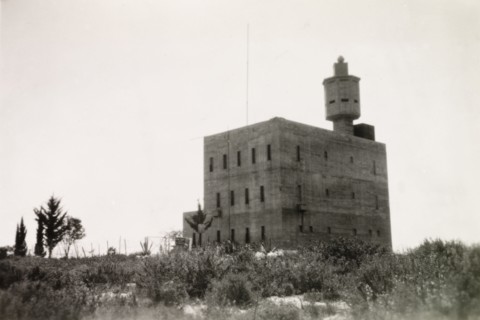 Fortified police building, Palestine. View of a large, fortified building with a projecting