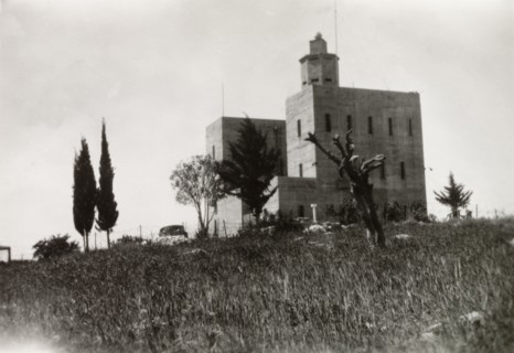 Fortified police building, Palestine. View of a large, fortified building with a projecting