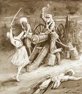 Private Cancy and the sepoy'. An illustration depicts a battle scene from the Indian Mutiny and