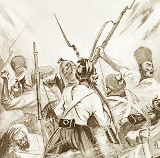 Sepoys battling Sikh soldiers, 1857. An illustration depicts a violent battle between mutinous