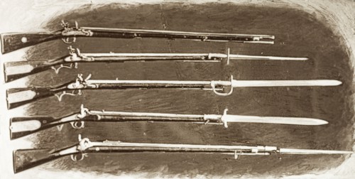 Muskets used during the Indian Mutiny and Rebellion . An illustration depicts a collection of