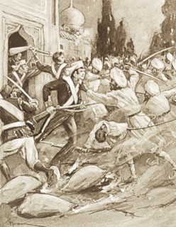 Fighting at an Indian temple, 1857. An illustration depicts a violent battle scene from the Indian