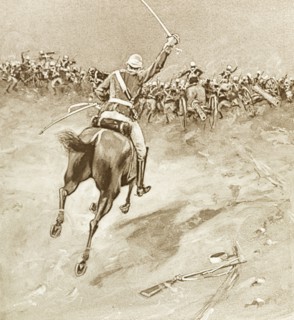 Frightening the enemy'. An illustration depicts a British soldier on horseback, charging into
