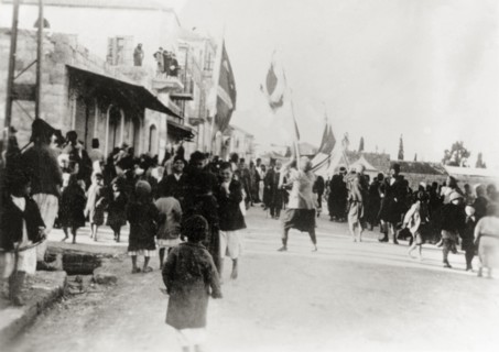 Nebi Musa procession in Ramallah. Muslim pilgrims bearing flags take part in a Nebi Musa
