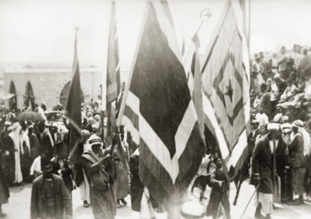 Flag bearers at a Nebi Musa procession. Muslim pilgrims bearing flags take part in a Nebi Musa