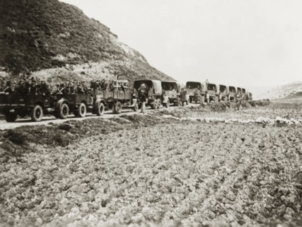 British military trucks in Palestine. A column of military trucks transport British soldiers