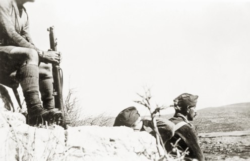 Awaiting the attack', Palestine. British soldiers man a look-out post on a rocky outcrop in the