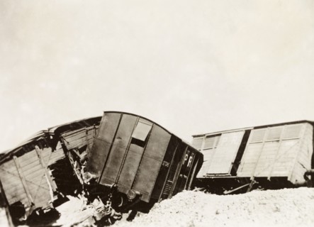 Derailment on the Kantara line. Railway carriages lay in a tangled heap on the Kantara line,