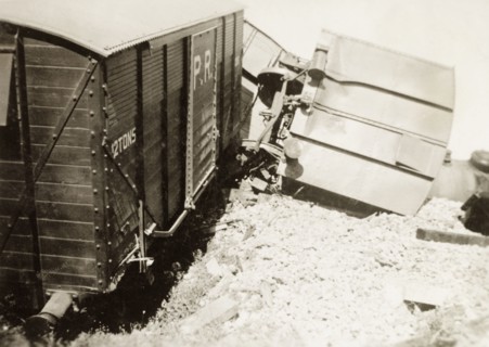 Derailment on the Kantara line. Railway carriages lay in a tangled heap on the Kantara line,
