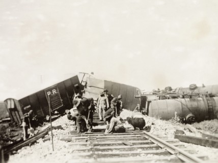 Repairing the Kantara line after a derailment. Labourers attempt to repair a stretch of the Kantara