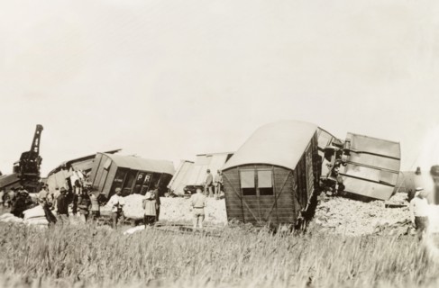 Derailment on the Kantara line. Railway carriages lay in a tangled heap on the Kantara line,