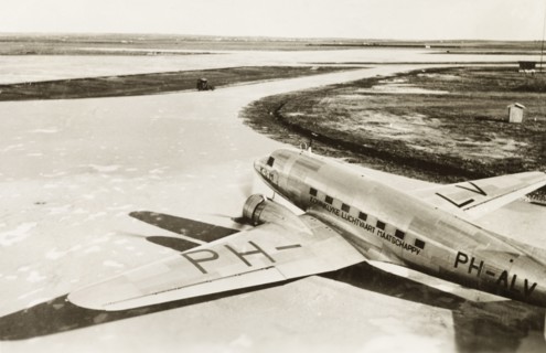 Dutch aeroplane on Lydda runway. A KLM Royal Dutch Airlines aeroplane, the PH-ALV 'Valk', sits on