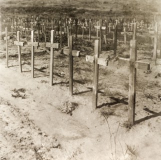 War graves on a French battlefield, 1919. Rows of wooden crosses mark the graves of fallen soldiers