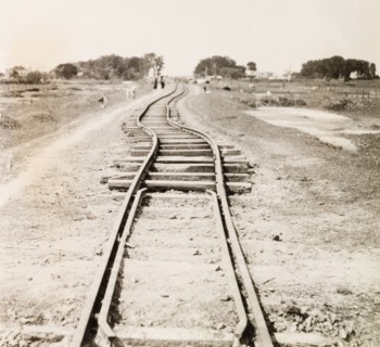 Railway track damaged by earthquake, Bihar. A section of buckled railway track, damaged by an