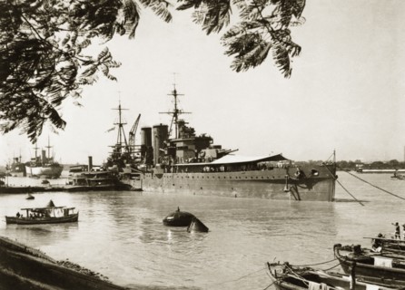 HMS Exeter at Garden Reach shipyard. View of British Royal Navy cruiser HMS Exeter, moored at