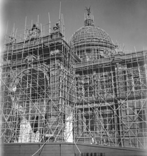 The Victoria Memorial in disguise, 1941. The Victoria Memorial is covered with bamboo scaffolding