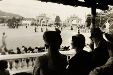 Procession for Dasara Festival. View from an audience stand of a procession taking place in front
