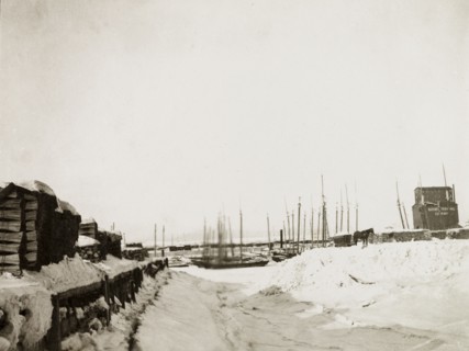 Frazer Docks, Quebec. View of the masts of sail boats neatly moored in rows at Frazer Docks.