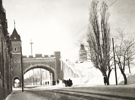 Old Quebec City walls. View of St Louis Gate on the fortified town walls of Old Quebec City.