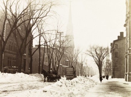 Snow covered Dominion Square, Montreal. View of the western side of Dominion Square (Dorchester
