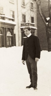 Mr Michaelson ice skating, Montreal. Full-length portrait of Mr Michaelson, who pauses for the