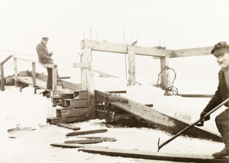 Ice cutters, Canada. Two ice cutters at work removing ice from Lake Ontario. Hamilton, Canada,
