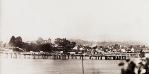 Wharfs at Santa Cruz. View of the wooden Potato Wharf and Railroad Wharf at Santa Cruz. Santa Cruz,
